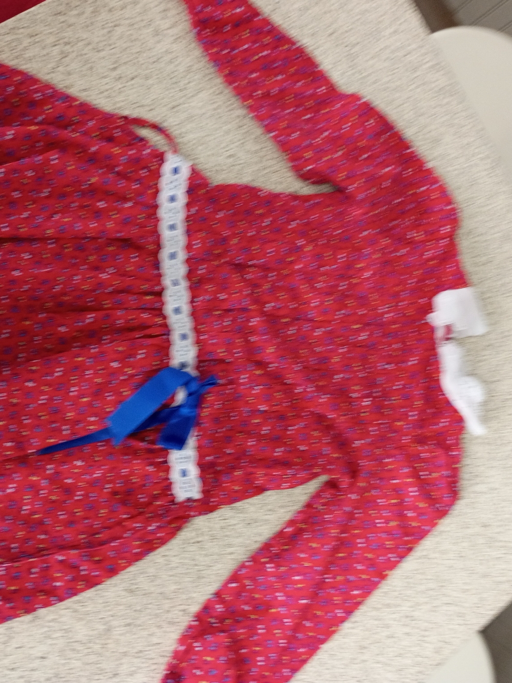 evy's tree Red Long-Sleeve Dress Top with Blue Ribbon and White Trim
